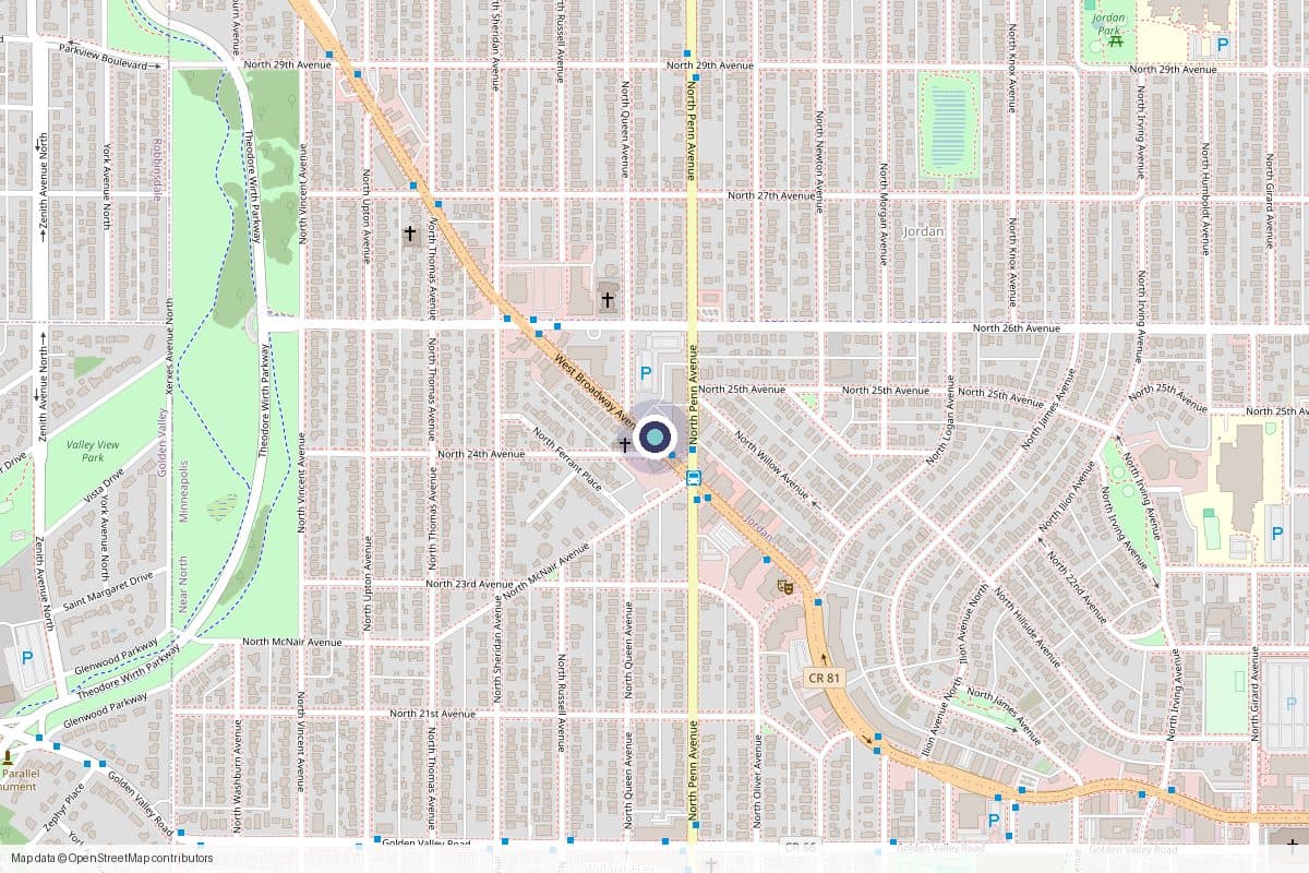 Street map showing the Abria Northside Clinic at 2232 West Broadway Avenue